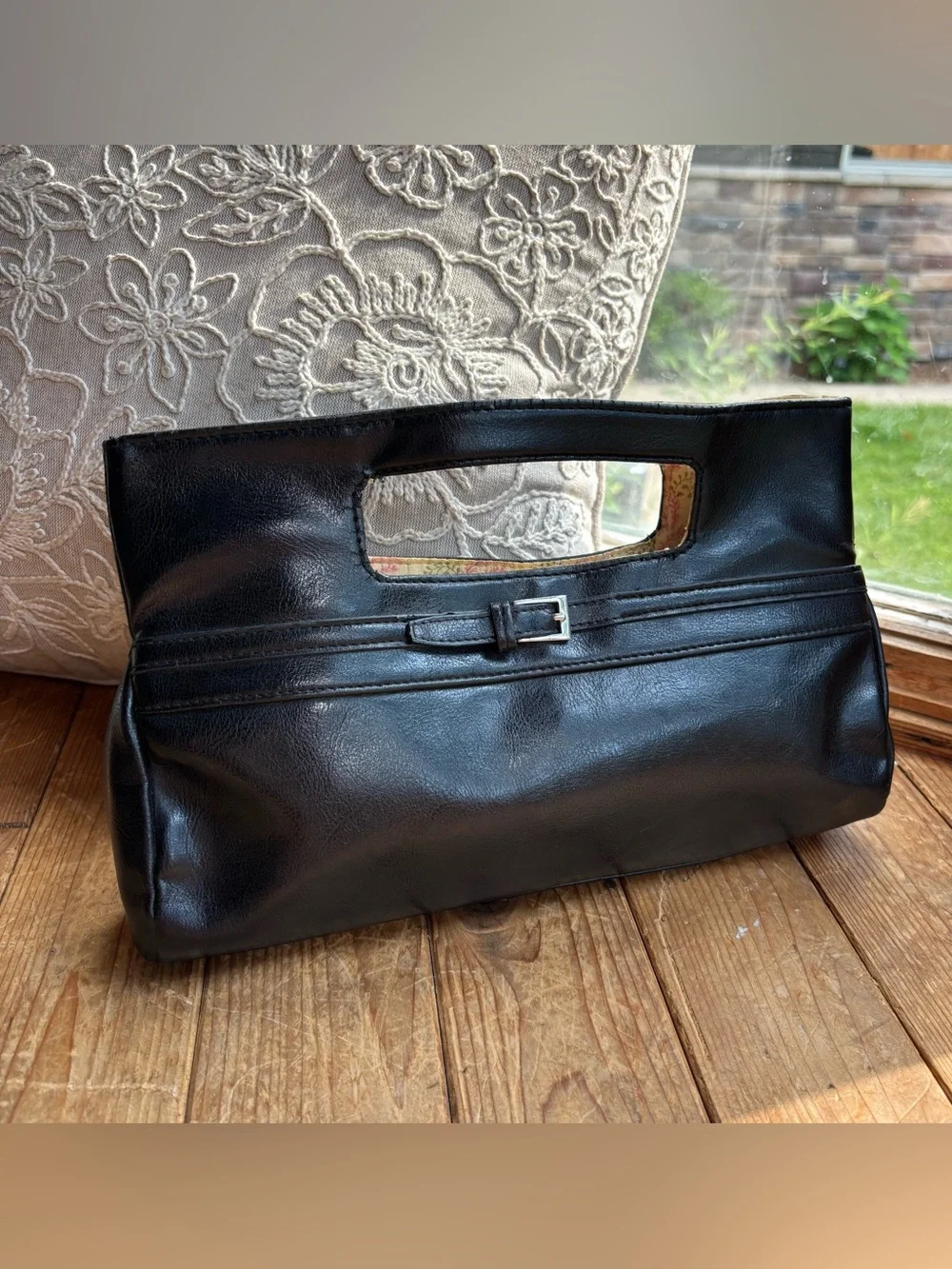 Black Faux Leather Handheld Clutch Bag
